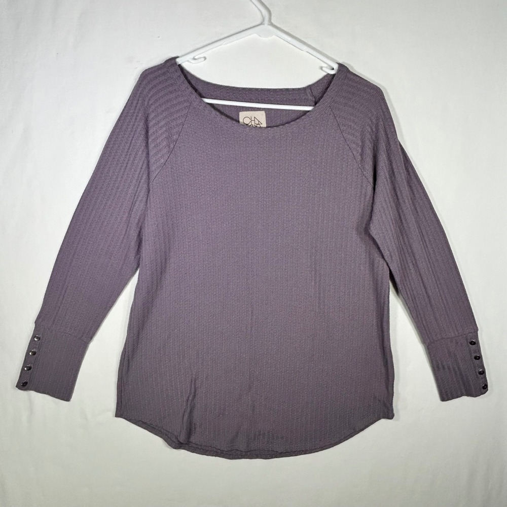 Chaser Women Purple Waffle Knit Raglan Button Cuff Top XL 1047180